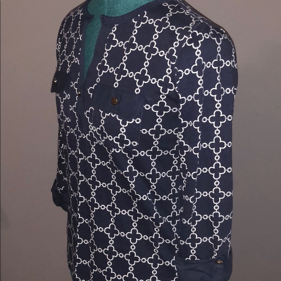 Charter Club navy blue blouse with gold buttons - Picture 2 of 5